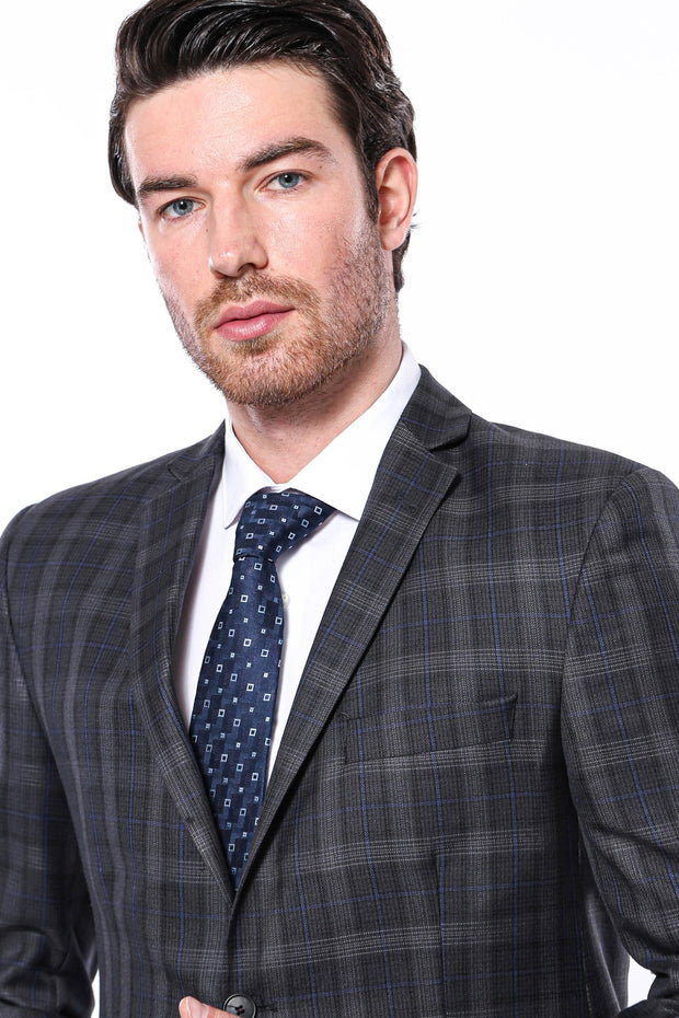 Checked Slim-Fit 2-Piece Dark Grey Suit $50 - $100, 3-piece-suit, 38, 42, 6 Drop, Checked, Dark Grey, Grey, Grey Suit, Italian, Italian Suit, Modern Fit, Notch Lapel, Plaid, Plaid Suit, Slim 