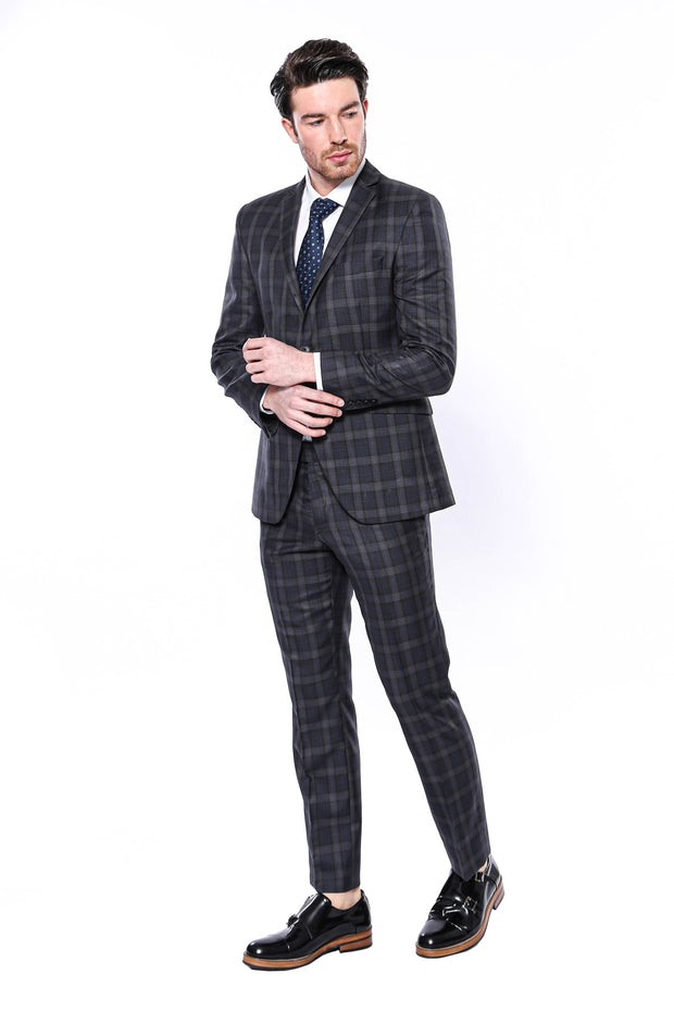 Checked Slim-Fit 2-Piece Dark Grey Suit $50 - $100, 3-piece-suit, 38, 42, 6 Drop, Checked, Dark Grey, Grey, Grey Suit, Italian, Italian Suit, Modern Fit, Notch Lapel, Plaid, Plaid Suit, Slim 