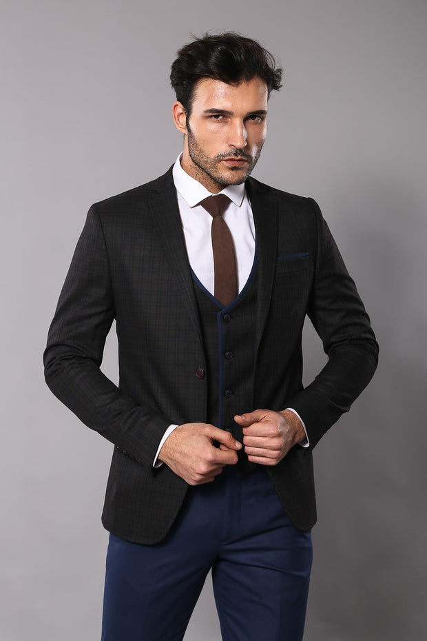 Checked Slim-Fit Brown Winter Suit $100 - $150, 3-piece-suit, 36, 38, 40, 42, 44, 46, 6 Drop, Checked, Daily, Italian, Italian Suit, mens-suit_obsolete, Modern Fit, Notch, Notch Lapel, Office