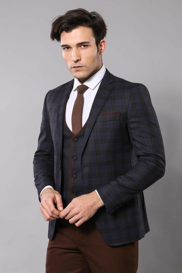 Checked Slim-Fit Winter Suit $150 - $200, 3-piece-suit, 40, 44, 6 Drop, Blue, Casual, Checked, Classic Blazer, Combined Suit, Daily, Italian, Italian Suit, mens-suit_obsolete, Modern Fit, Nav