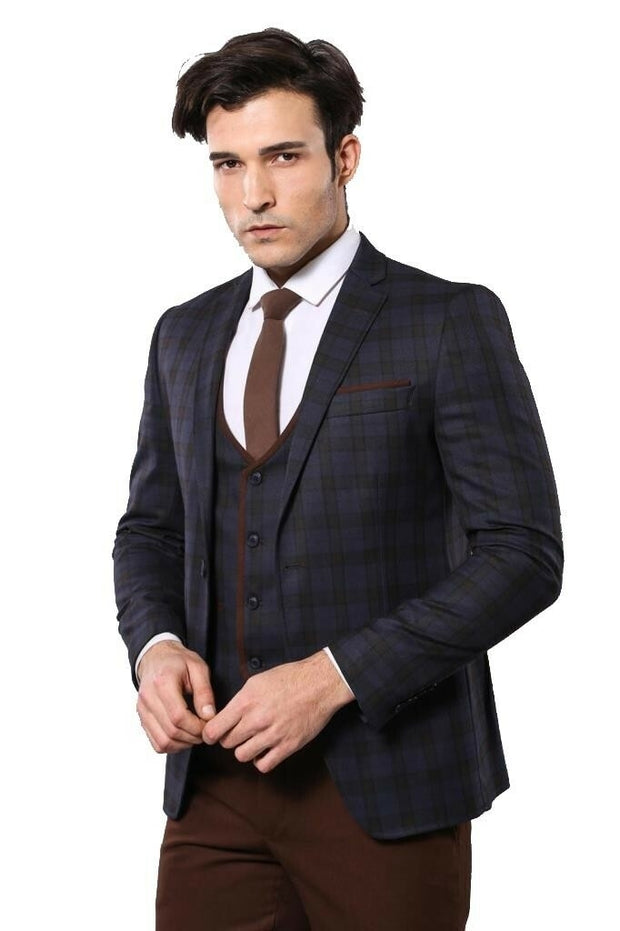 Checked Slim-Fit Winter Suit $150 - $200, 3-piece-suit, 40, 44, 6 Drop, Blue, Casual, Checked, Classic Blazer, Combined Suit, Daily, Italian, Italian Suit, mens-suit_obsolete, Modern Fit, Nav