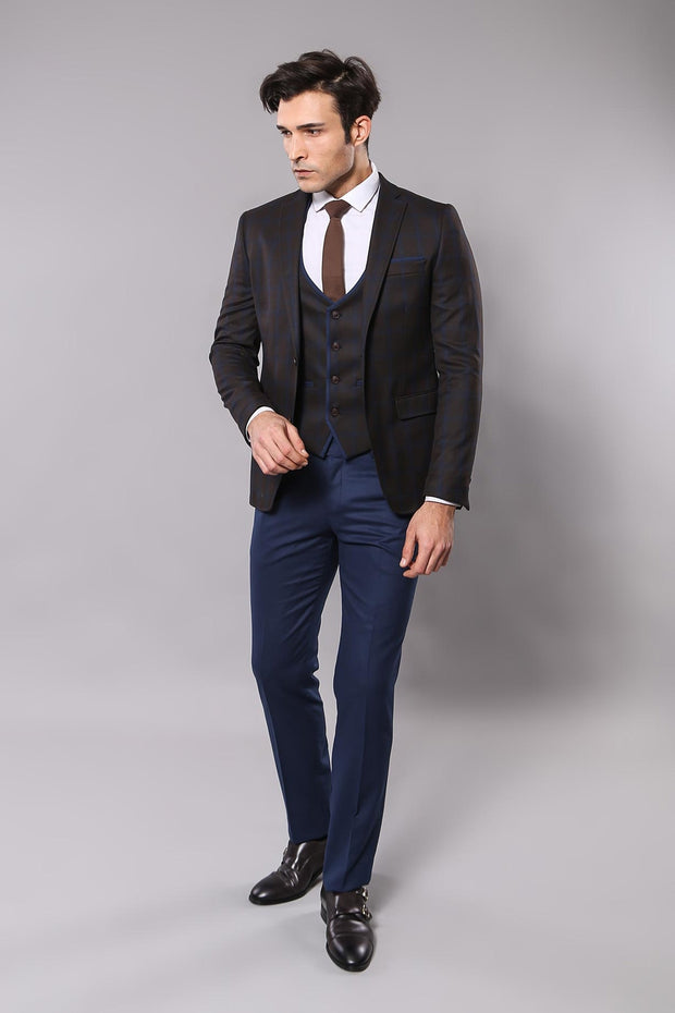 Checked Vested Brown Suit $100 - $150, 3-piece-suit, 34, 38, 40, 42, 44, 46, 6 Drop, Checked, Daily, Italian, mens-suit_obsolete, Modern Fit, Notch, Office, Plaid, Plaid Suit, Slim Fit, Slim 