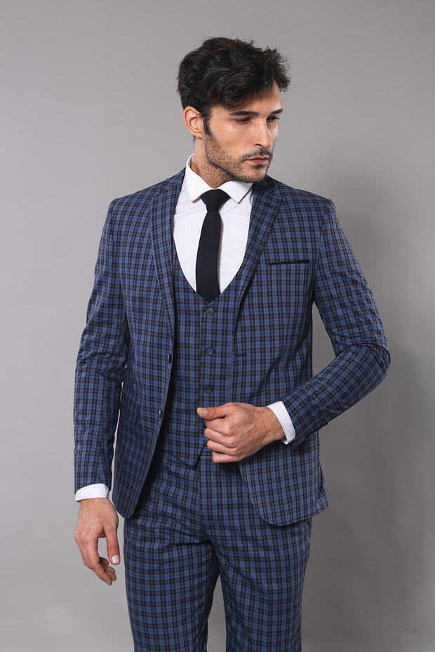 Checked Vested Navy Slim-Fit Suit 3-piece-suit, 40, Blue, Checked, mens-suit_obsolete, Modern Fit, Navy, Navy Blue, Peak, Peak Lapel, Plaid, Slim Fit, Slim Fit Suit, Suit OutletSuit - wessi