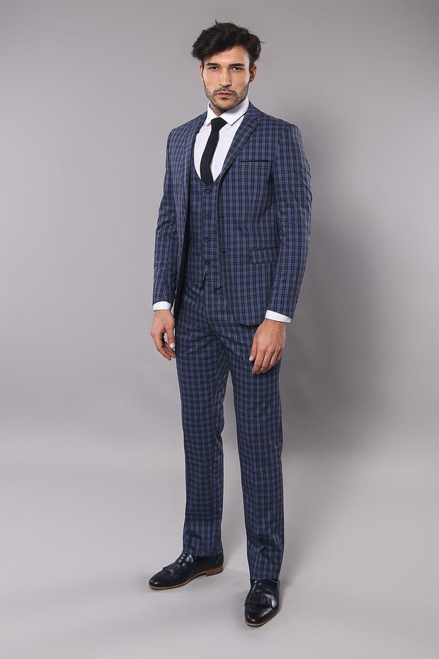 Checked Vested Navy Slim-Fit Suit 3-piece-suit, 40, Blue, Checked, mens-suit_obsolete, Modern Fit, Navy, Navy Blue, Peak, Peak Lapel, Plaid, Slim Fit, Slim Fit Suit, Suit OutletSuit - wessi