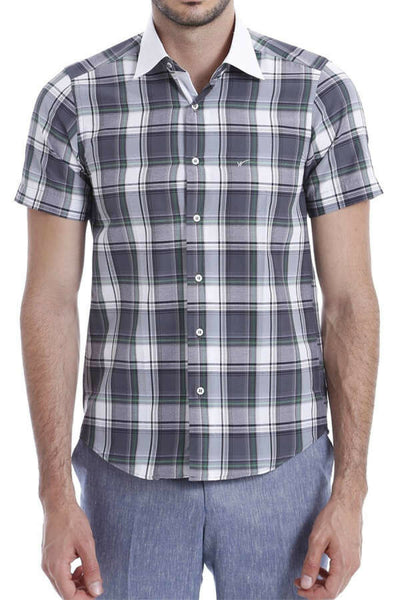 Checkered Short Sleeve Grey Slim Fit Men's Shirt 3-piece-suit, Checked, Daily, Modern Fit, Patterned, Plaid, Shirt, Short Sleeve, Short Sleeve Shirt, Slim Fit, Sport ShirtShort Sleeve Shirt -