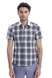 Checkered Short Sleeve Grey Slim Fit Men's Shirt 3-piece-suit, Checked, Daily, Modern Fit, Patterned, Plaid, Shirt, Short Sleeve, Short Sleeve Shirt, Slim Fit, Sport ShirtShort Sleeve Shirt -