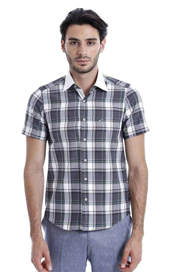 Checkered Short Sleeve Grey Slim Fit Men's Shirt 3-piece-suit, Checked, Daily, Modern Fit, Patterned, Plaid, Shirt, Short Sleeve, Short Sleeve Shirt, Slim Fit, Sport ShirtShort Sleeve Shirt -