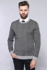 Circle Neck Grey Sweater | Wessi 3-piece-suit, Crew Neck, Crew Neck Sweater, Daily, Knit, Knitwear, Modern Fit, Patterned, Slim Fit KnitwearCrew Neck Sweater - wessi