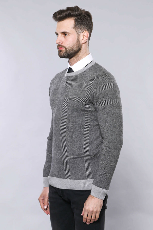 Circle Neck Grey Sweater | Wessi 3-piece-suit, Crew Neck, Crew Neck Sweater, Daily, Knit, Knitwear, Modern Fit, Patterned, Slim Fit KnitwearCrew Neck Sweater - wessi