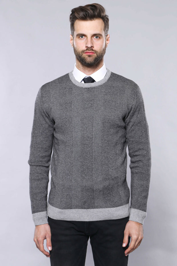 Circle Neck Grey Sweater | Wessi 3-piece-suit, Crew Neck, Crew Neck Sweater, Daily, Knit, Knitwear, Modern Fit, Patterned, Slim Fit KnitwearCrew Neck Sweater - wessi