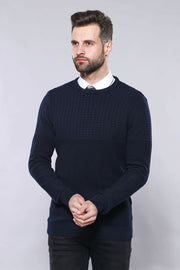 Circle Neck Navy Sweater | Wessi 3-piece-suit, Blue, Crew Neck, Crew Neck Sweater, Daily, Knit, Knitwear, Modern Fit, Navy, navy-blue, Patterned, Slim Fit KnitwearCrew Neck Sweater - wessi