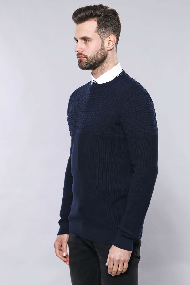 Circle Neck Navy Sweater | Wessi 3-piece-suit, Blue, Crew Neck, Crew Neck Sweater, Daily, Knit, Knitwear, Modern Fit, Navy, navy-blue, Patterned, Slim Fit KnitwearCrew Neck Sweater - wessi