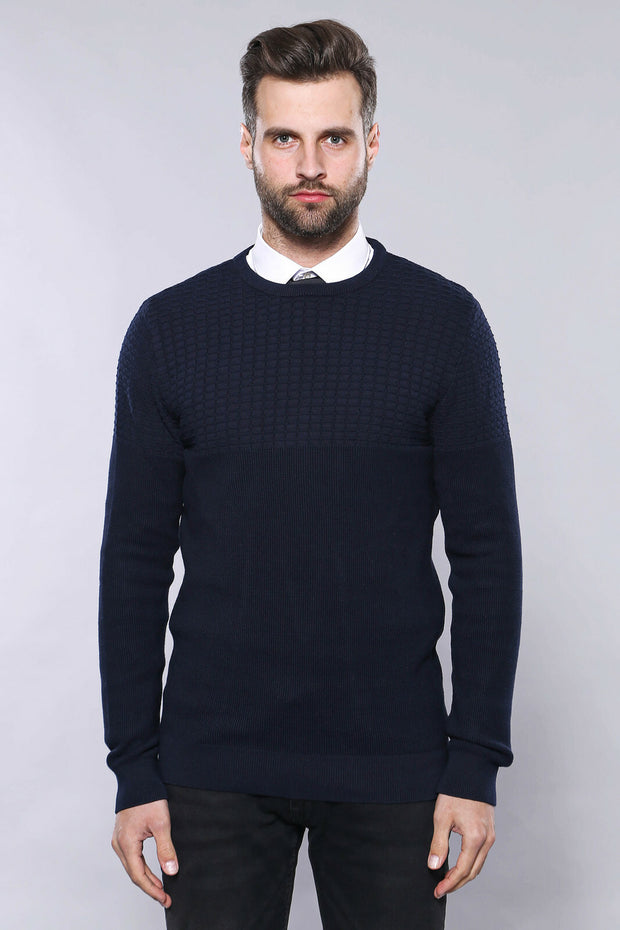 Circle Neck Navy Sweater | Wessi 3-piece-suit, Blue, Crew Neck, Crew Neck Sweater, Daily, Knit, Knitwear, Modern Fit, Navy, navy-blue, Patterned, Slim Fit KnitwearCrew Neck Sweater - wessi