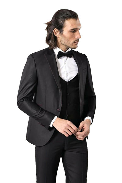 Collar and Pockets Modeled Black 3 Piece Tuxedo | Wessi 3-piece-suit, 34, 40, 44, Burgundy, Italian Suit, Party, Peak, Peak Lapel, Suit, Wedding OutletSuit - wessi