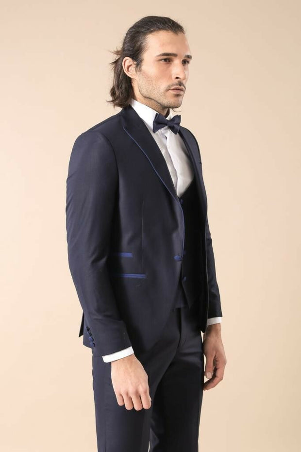 Collar and Pockets Modeled Navy Blue 3 Piece Tuxedo | Wessi 3-piece-suit, 38, 40, 42, Blue, Italian Suit, Modern Fit, Navy, navy-blue, Party, Slim Fit, Suit, Wedding Tuxedo3 Piece Tuxedo - we