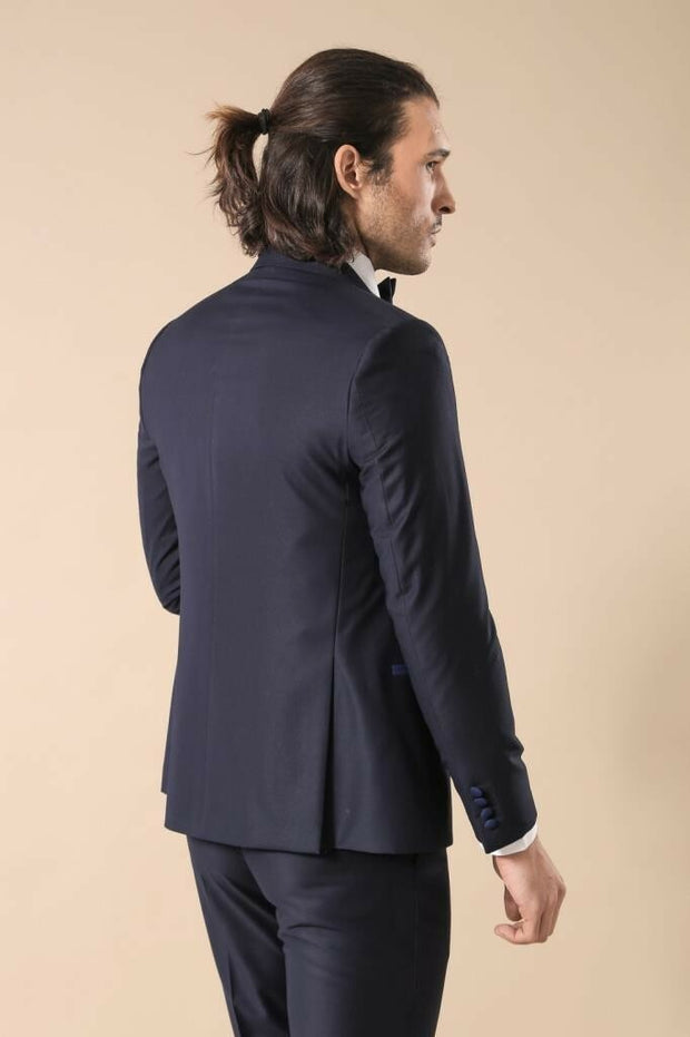 Collar and Pockets Modeled Navy Blue 3 Piece Tuxedo | Wessi 3-piece-suit, 38, 40, 42, Blue, Italian Suit, Modern Fit, Navy, navy-blue, Party, Slim Fit, Suit, Wedding Tuxedo3 Piece Tuxedo - we