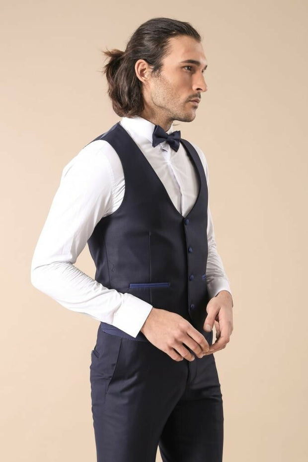 Collar and Pockets Modeled Navy Blue 3 Piece Tuxedo | Wessi 3-piece-suit, 38, 40, 42, Blue, Italian Suit, Modern Fit, Navy, navy-blue, Party, Slim Fit, Suit, Wedding Tuxedo3 Piece Tuxedo - we