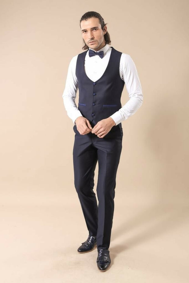 Collar and Pockets Modeled Navy Blue 3 Piece Tuxedo | Wessi 3-piece-suit, 38, 40, 42, Blue, Italian Suit, Modern Fit, Navy, navy-blue, Party, Slim Fit, Suit, Wedding Tuxedo3 Piece Tuxedo - we