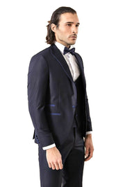 Collar and Pockets Modeled Navy Blue 3 Piece Tuxedo | Wessi 3-piece-suit, 38, 40, 42, Blue, Italian Suit, Modern Fit, Navy, navy-blue, Party, Slim Fit, Suit, Wedding Tuxedo3 Piece Tuxedo - we