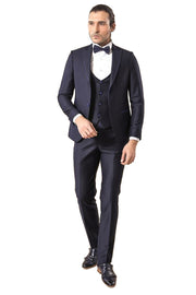 Collar and Pockets Modeled Navy Blue 3 Piece Tuxedo | Wessi 3-piece-suit, 38, 40, 42, Blue, Italian Suit, Modern Fit, Navy, navy-blue, Party, Slim Fit, Suit, Wedding Tuxedo3 Piece Tuxedo - we