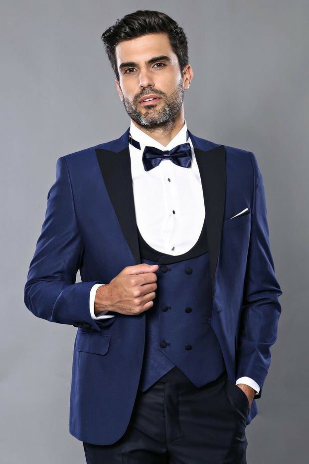 Vested Navy Blue Tuxedo Suit 3-piece-suit, 34, 38, 40, 42, 44, 46, Blue, Double Breasted, Modern Fit, Navy, Navy Blue, Party, Peak, Peak Lapel, Slim Fit, Slim Fit Suit, Suit, Wedding OutletSu