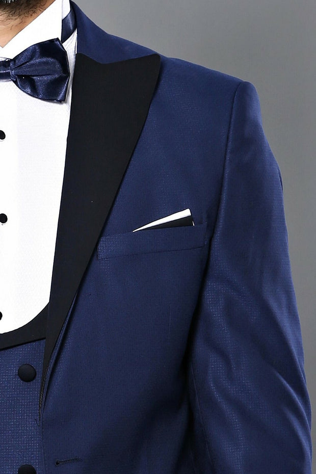 Vested Navy Blue Tuxedo Suit 3-piece-suit, 34, 38, 40, 42, 44, 46, Blue, Double Breasted, Modern Fit, Navy, Navy Blue, Party, Peak, Peak Lapel, Slim Fit, Slim Fit Suit, Suit, Wedding OutletSu