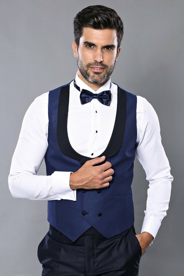 Vested Navy Blue Tuxedo Suit 3-piece-suit, 34, 38, 40, 42, 44, 46, Blue, Double Breasted, Modern Fit, Navy, Navy Blue, Party, Peak, Peak Lapel, Slim Fit, Slim Fit Suit, Suit, Wedding OutletSu