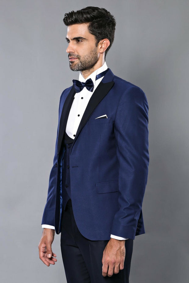 Vested Navy Blue Tuxedo Suit 3-piece-suit, 34, 38, 40, 42, 44, 46, Blue, Double Breasted, Modern Fit, Navy, Navy Blue, Party, Peak, Peak Lapel, Slim Fit, Slim Fit Suit, Suit, Wedding OutletSu