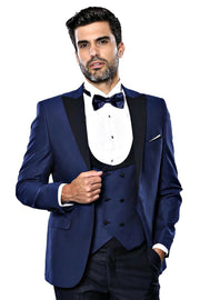 Vested Navy Blue Tuxedo Suit 3-piece-suit, 34, 38, 40, 42, 44, 46, Blue, Double Breasted, Modern Fit, Navy, Navy Blue, Party, Peak, Peak Lapel, Slim Fit, Slim Fit Suit, Suit, Wedding OutletSu