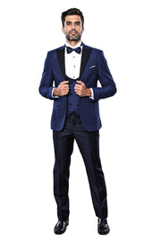 Vested Navy Blue Tuxedo Suit 3-piece-suit, 34, 38, 40, 42, 44, 46, Blue, Double Breasted, Modern Fit, Navy, Navy Blue, Party, Peak, Peak Lapel, Slim Fit, Slim Fit Suit, Suit, Wedding OutletSu