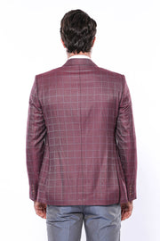 Combined Vested Burgundy Plaid Men's Suit $150 - $200, 3 Piece Suits, 3-piece-suit, 34, 36, 38, 40, 42, 44, 6 Drop, Combined, Double Breasted, mens-suit_obsolete, Modern Fit, pink, Slim Fit, 