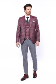 Combined Vested Burgundy Plaid Men's Suit $150 - $200, 3 Piece Suits, 3-piece-suit, 34, 36, 38, 40, 42, 44, 6 Drop, Combined, Double Breasted, mens-suit_obsolete, Modern Fit, pink, Slim Fit, 