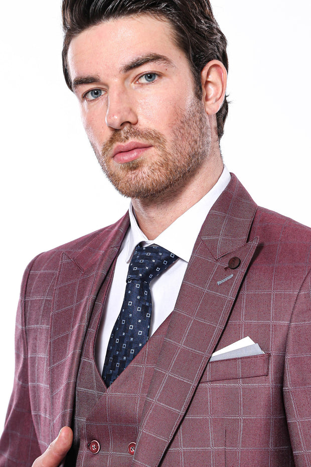 Combined Vested Burgundy Plaid Men's Suit $150 - $200, 3 Piece Suits, 3-piece-suit, 34, 36, 38, 40, 42, 44, 6 Drop, Combined, Double Breasted, mens-suit_obsolete, Modern Fit, pink, Slim Fit, 