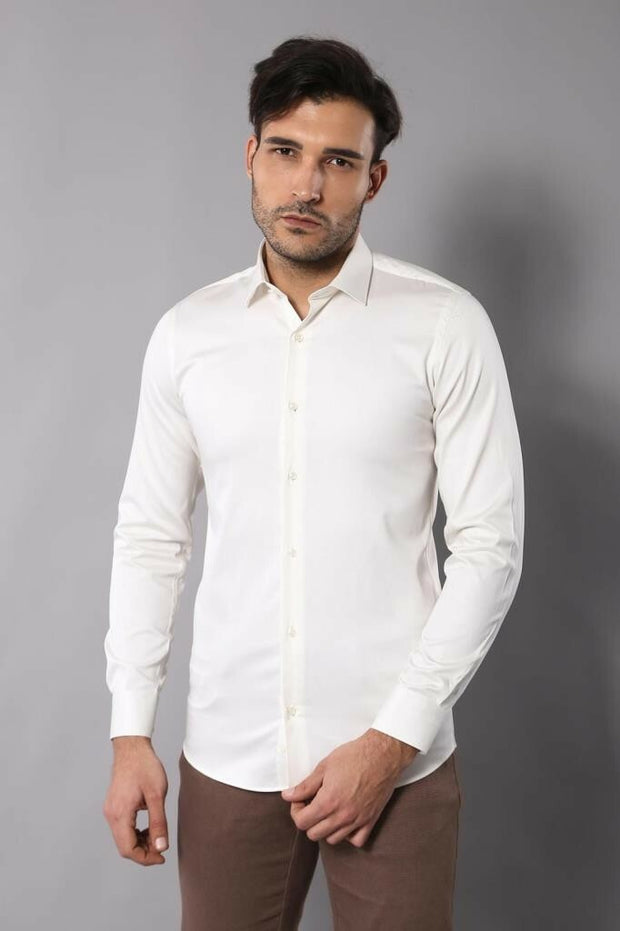 Cotton Satin Cream Shirt | Wessi 3-piece-suit, Basic, Casual, Daily, Italian, Modern Fit, Office, Plain, Satin Blend, Shirt, Slim Fit, Slim Fit Shirt ShirtSlim Fit Shirt - wessi