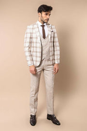 Cream Checked Suit 3 Piece Suits, 3-piece-suit, 34, 36, 38, 40, Checked, mens-suit, mens-suit_obsolete, Modern Fit, Peak, Peak Lapel, Plaid, Slim Fit, Suit OutletSuit - wessi