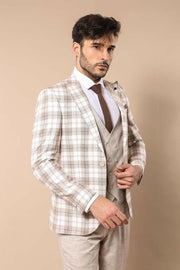 Cream Checked Suit 3 Piece Suits, 3-piece-suit, 34, 36, 38, 40, Checked, mens-suit, mens-suit_obsolete, Modern Fit, Peak, Peak Lapel, Plaid, Slim Fit, Suit OutletSuit - wessi