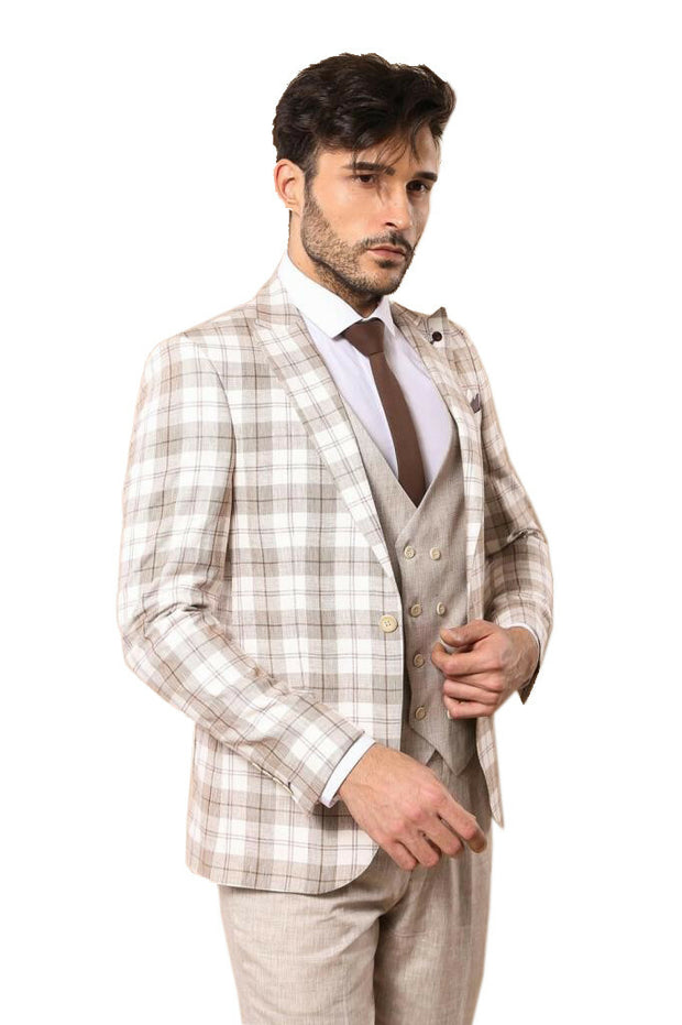 Cream Checked Suit 3 Piece Suits, 3-piece-suit, 34, 36, 38, 40, Checked, mens-suit, mens-suit_obsolete, Modern Fit, Peak, Peak Lapel, Plaid, Slim Fit, Suit OutletSuit - wessi