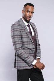 Grey Burgundy Combined Suit | Wessi 3 Piece Suits, 3-piece-suit, 34, 36, 38, 40, 42, 44, 46, Checked, mens-suit, mens-suit_obsolete, Modern Fit, Peak, Peak Lapel, Plaid, Slim Fit, Suit Suit3 