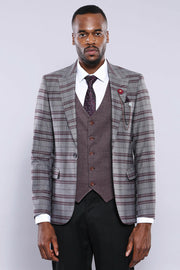 Grey Burgundy Combined Suit | Wessi 3 Piece Suits, 3-piece-suit, 34, 36, 38, 40, 42, 44, 46, Checked, mens-suit, mens-suit_obsolete, Modern Fit, Peak, Peak Lapel, Plaid, Slim Fit, Suit Suit3 