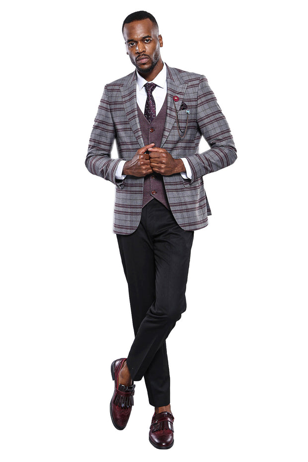 Grey Burgundy Combined Suit | Wessi 3 Piece Suits, 3-piece-suit, 34, 36, 38, 40, 42, 44, 46, Checked, mens-suit, mens-suit_obsolete, Modern Fit, Peak, Peak Lapel, Plaid, Slim Fit, Suit Suit3 