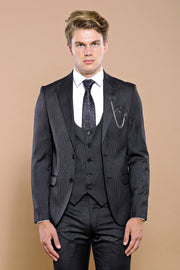 Dark Grey Striped Vested Suit | Wessi $150 - $200, 3-piece-suit, 36, 40, 42, 6 Drop, Daily, Italian Suit, mens-suit_obsolete, Modern Fit, Office, Patterned, Peak, Peak Lapel, Slim Fit, Slim F