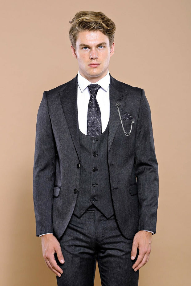 Dark Grey Striped Vested Suit | Wessi $150 - $200, 3-piece-suit, 36, 40, 42, 6 Drop, Daily, Italian Suit, mens-suit_obsolete, Modern Fit, Office, Patterned, Peak, Peak Lapel, Slim Fit, Slim F