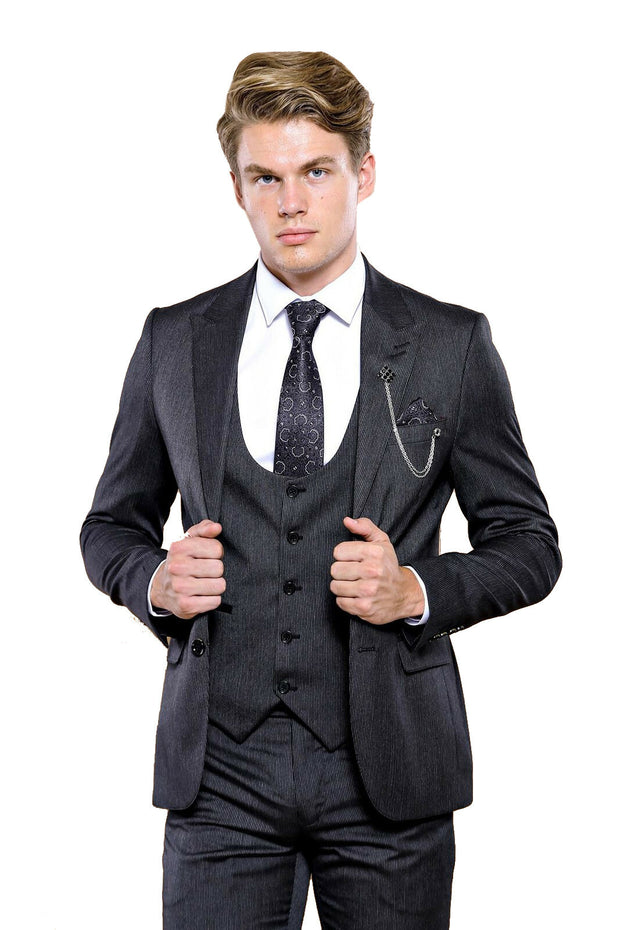 Dark Grey Striped Vested Suit | Wessi $150 - $200, 3-piece-suit, 36, 40, 42, 6 Drop, Daily, Italian Suit, mens-suit_obsolete, Modern Fit, Office, Patterned, Peak, Peak Lapel, Slim Fit, Slim F