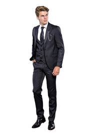 Dark Grey Striped Vested Suit | Wessi $150 - $200, 3-piece-suit, 36, 40, 42, 6 Drop, Daily, Italian Suit, mens-suit_obsolete, Modern Fit, Office, Patterned, Peak, Peak Lapel, Slim Fit, Slim F