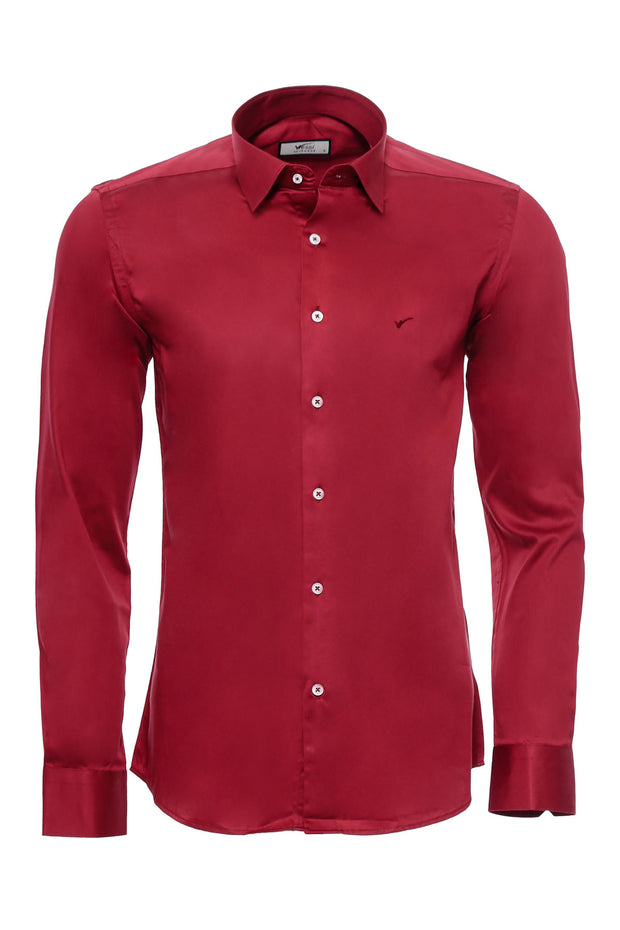 Dark Red Slim-Fit Long Sleeve Shirt 3-piece-suit, Basic, Casual, Cuff, Daily, Essentials, GÃƒÆ’Ã‚Â¶mlek Modelleri, Italian, L, Long Sleeve, M, Modern Fit, Plain, red, S, Satin Blend