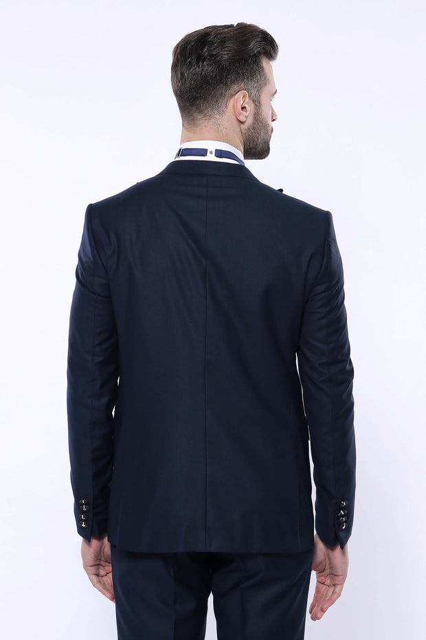 Detachable Lapel Navy Blue Tuxedo | Wessi $50 - $100, 3-piece-suit, 34, 36, 6 Drop, Blue, Detachable, Detachable Lapel, Italian Suit, Modern Fit, Navy, navy-blue, Party, Peak, Peak Lapel, Sha