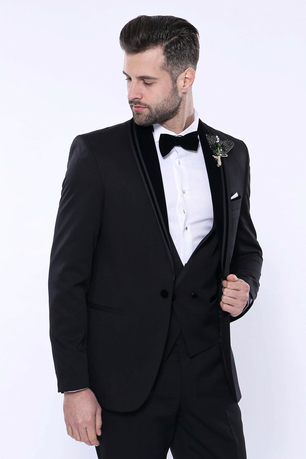 Detachable Velvet Lapel Black Tuxedo | Wessi 3 Piece Suits, 3-piece-suit, 34, 36, 38, 40, 42, 44, 46, 48, Detachable, Detachable Lapel, Double Breasted, Party, Shawl, Suit, Wedding Suit3 Piec