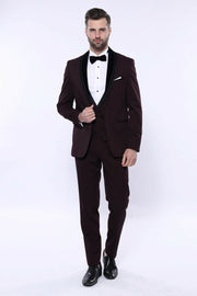 Detachable Velvet Lapel Burgundy Tuxedo | Wessi 3 Piece Suits, 3-piece-suit, 34, 36, 40, 42, 44, 46, 48, Detachable, Detachable Lapel, Double Breasted, Party, Suit, Wedding Suit3 Piece Suits 