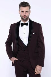 Detachable Velvet Lapel Burgundy Tuxedo | Wessi 3 Piece Suits, 3-piece-suit, 34, 36, 40, 42, 44, 46, 48, Detachable, Detachable Lapel, Double Breasted, Party, Suit, Wedding Suit3 Piece Suits 