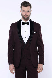 Detachable Velvet Lapel Burgundy Tuxedo | Wessi 3 Piece Suits, 3-piece-suit, 34, 36, 40, 42, 44, 46, 48, Detachable, Detachable Lapel, Double Breasted, Party, Suit, Wedding Suit3 Piece Suits 